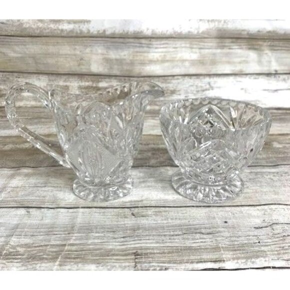 Vintage European Cut Crystal Creamer & Sugar Bowl Set Diamond & Fan Pattern - Picture 1 of 10